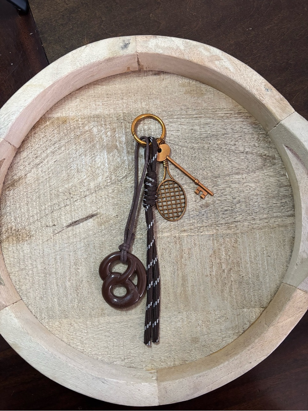 Brown Tassel Keychain with Tennis Racket & Key Charms